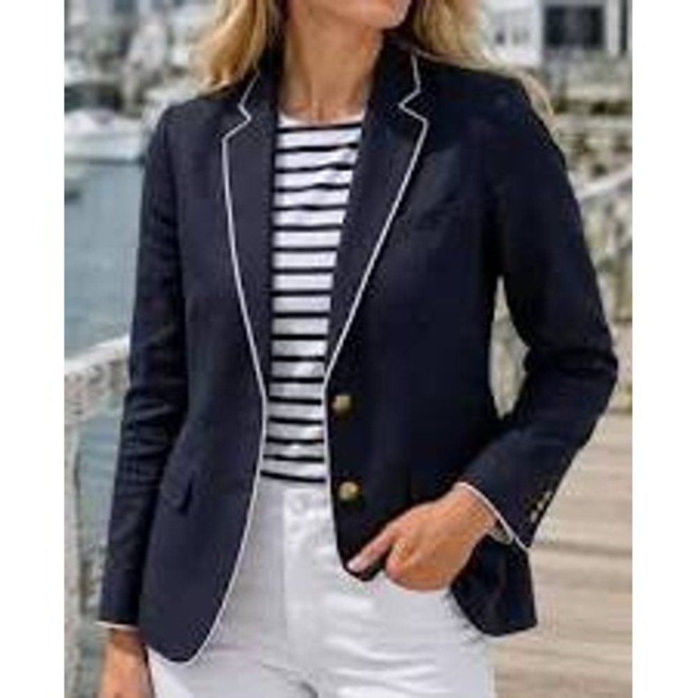 J.Crew Linen Blazer Womens 10 Navy Blue White Piping Gold Crest Buttons